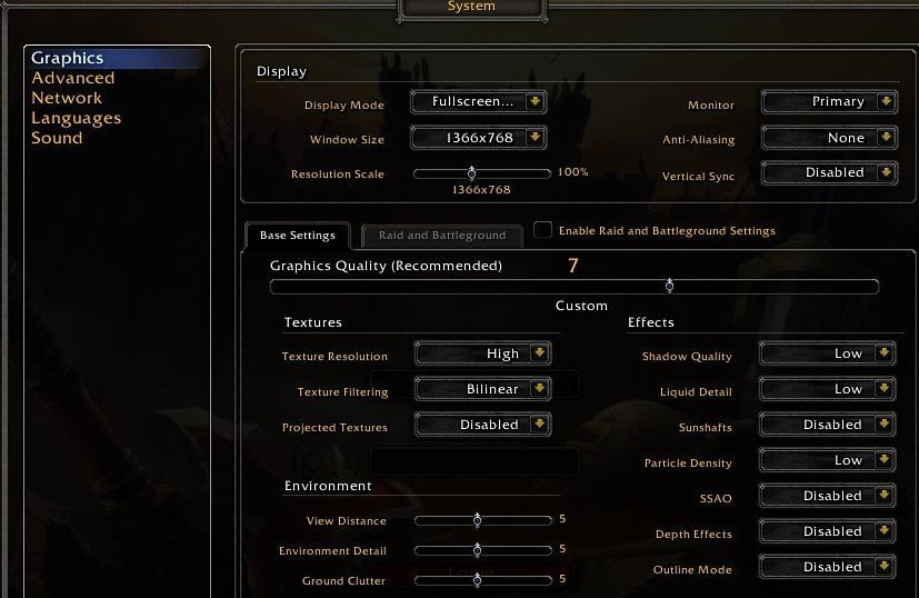 world of warcraft graphics settings for fps